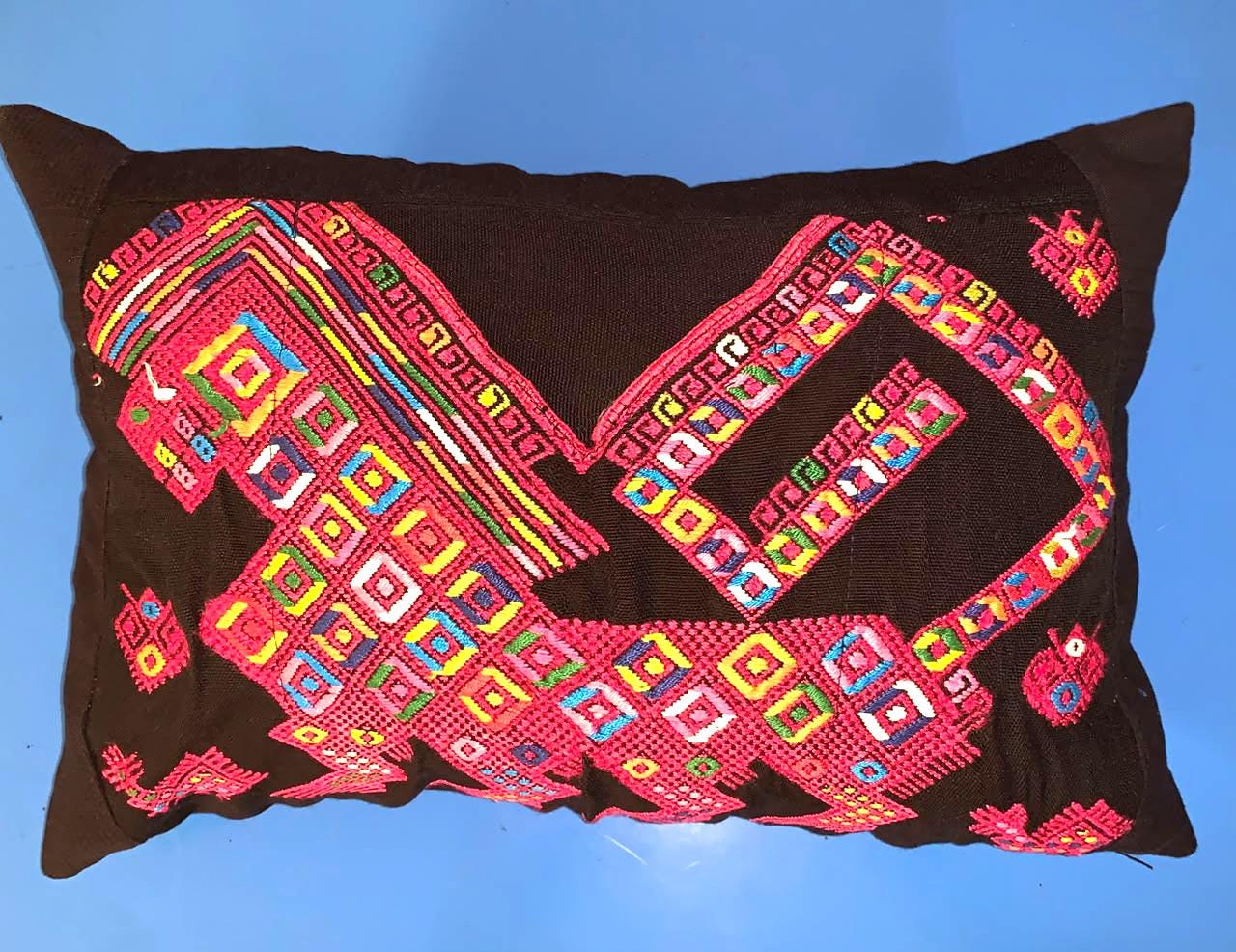 Nahuala Hand Embroidery Pillow, MAYAN LION Weaved Cushion 12x18, BLACK Pillow Case