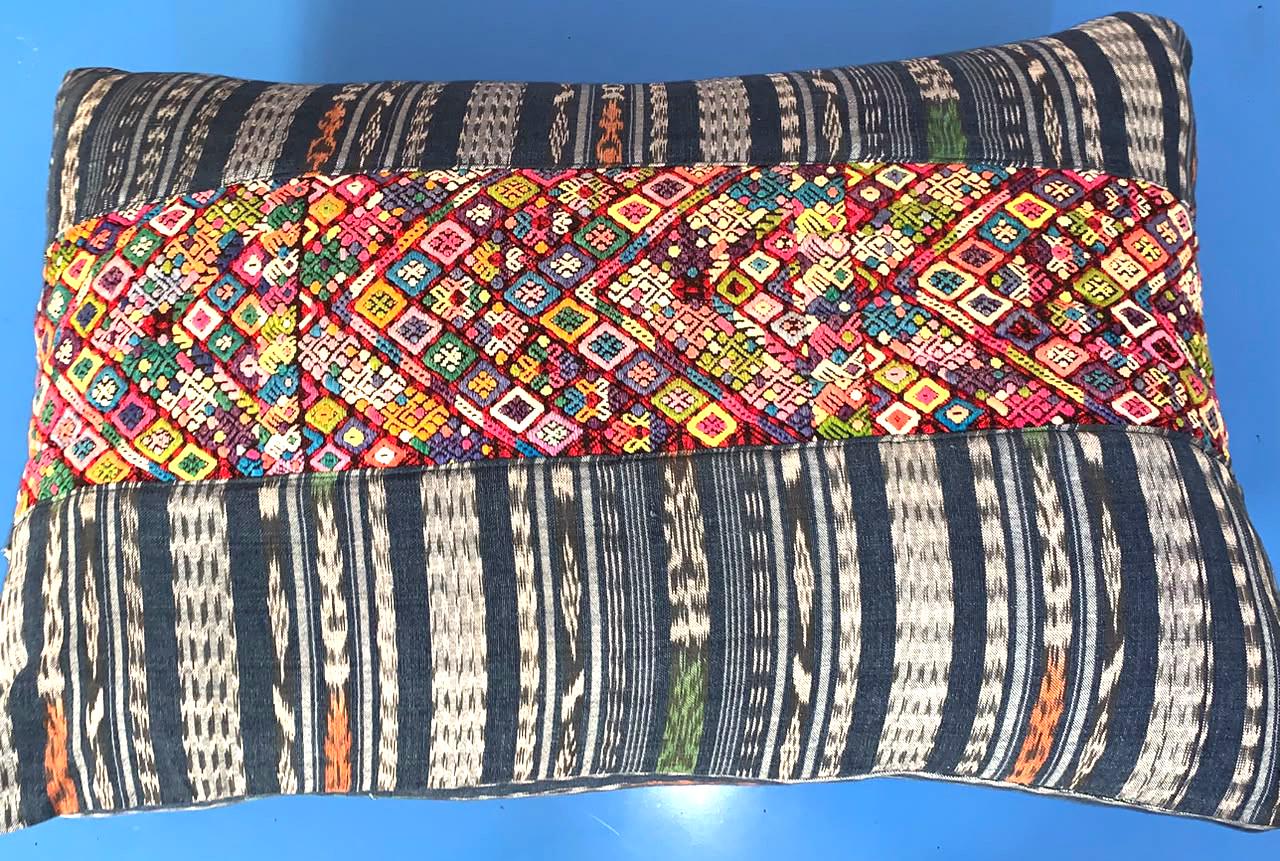 Aguacatan Hand Embroidery Pillow, GEOMETRIC Weaved Cushion 17x25, BLACK Pillow Case
