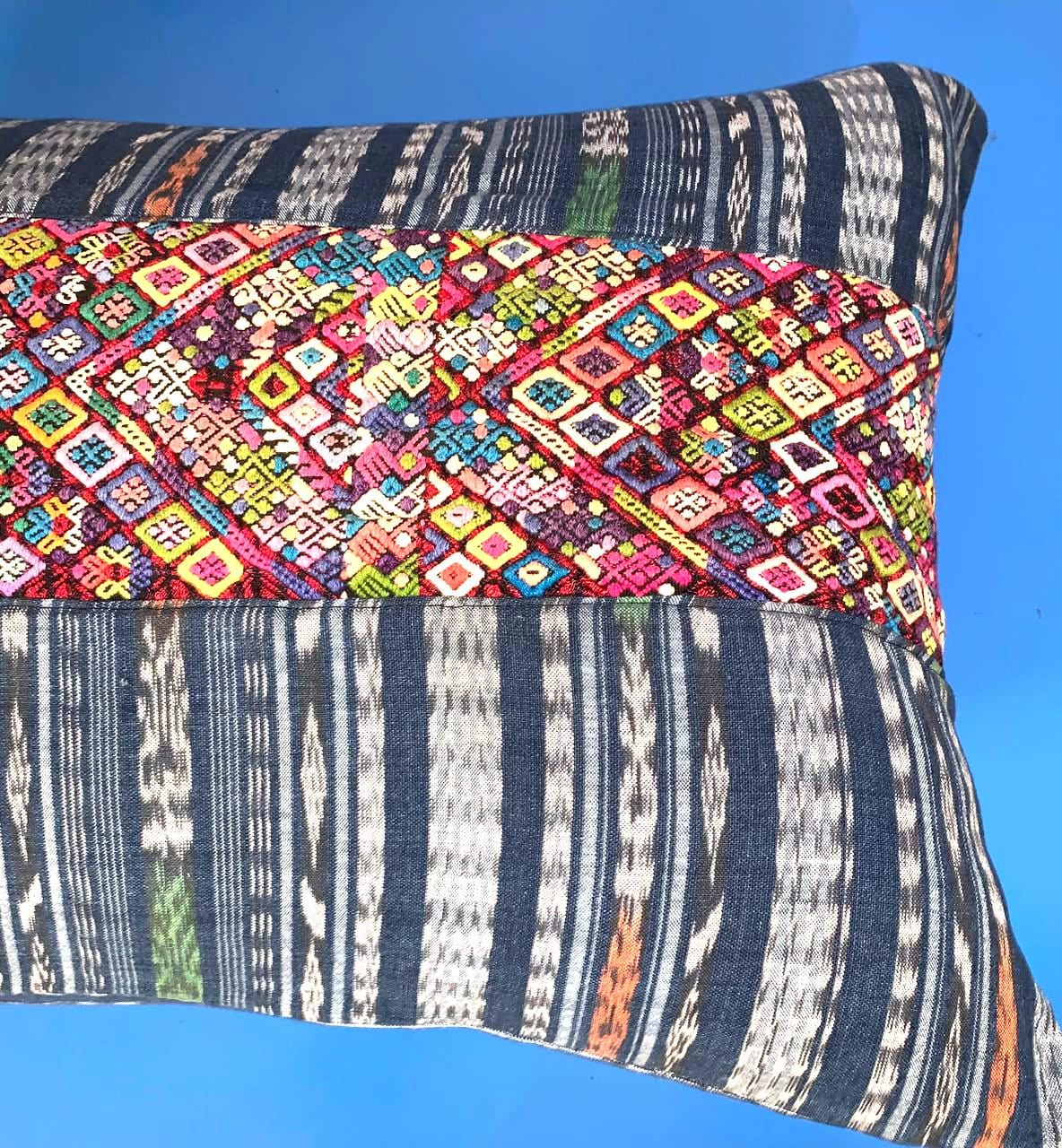 Aguacatan Hand Embroidery Pillow, GEOMETRIC Weaved Cushion 17x25, BLACK Pillow Case