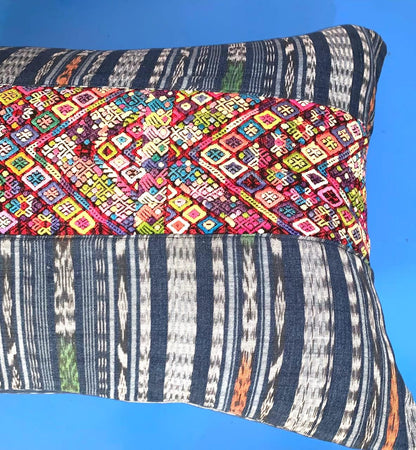 Aguacatan Hand Embroidery Pillow, GEOMETRIC Weaved Cushion 17x25, BLACK Pillow Case