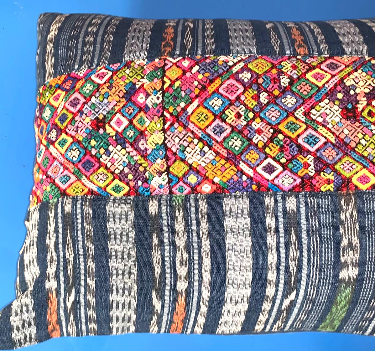 Aguacatan Hand Embroidery Pillow, GEOMETRIC Weaved Cushion 17x25, BLACK Pillow Case