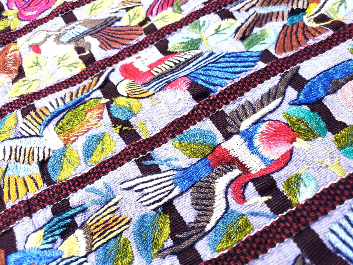 Handmade Purple EMBROIDERED Guatemalan Santiago Atitlan COTTON WALL "Mayan Bird Family" Tapestry