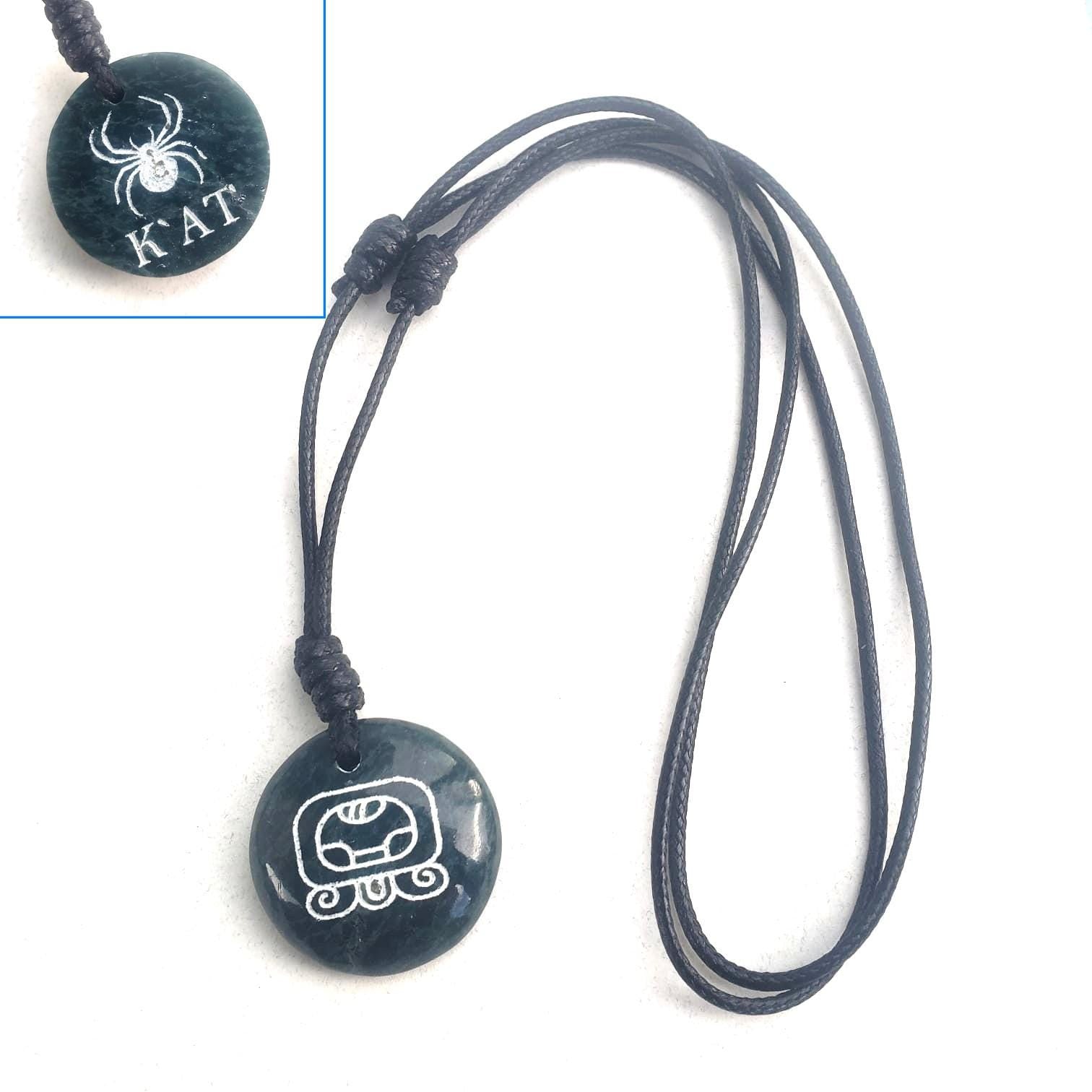 Guatemalan Dark Green Jade Mayan Nahual Pendant Necklace, Adjustable Waxed Cord Spiritual Jewelry