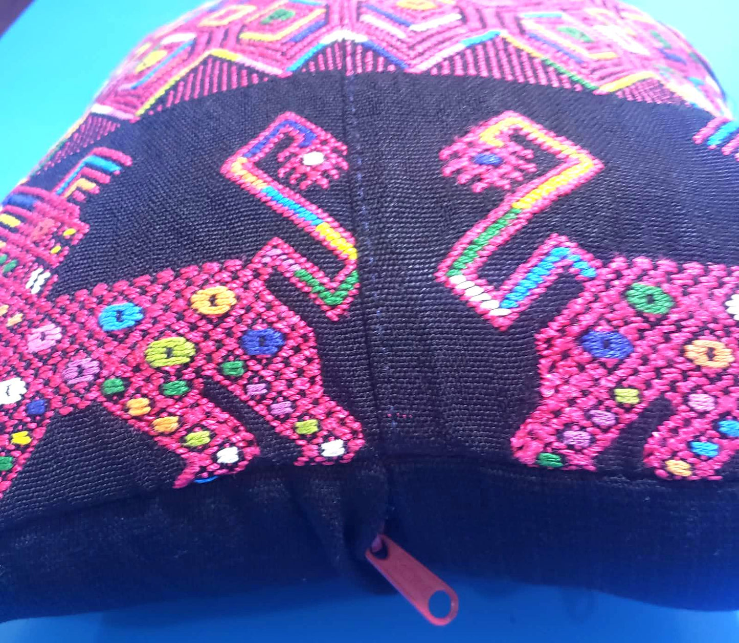 MINI Guatemala Hand Weaved Pillow, LIONS-GEOMETRIC Cushion 10x10, Black Nahuala Textil
