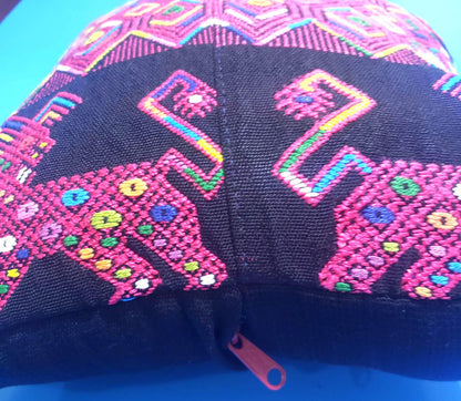 MINI Guatemala Hand Weaved Pillow, LIONS-GEOMETRIC Cushion 10x10, Black Nahuala Textil