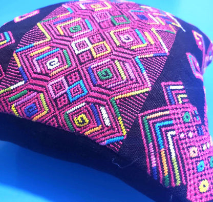 MINI Guatemala Hand Weaved Pillow, LIONS-GEOMETRIC Cushion 10x10, Black Nahuala Textil