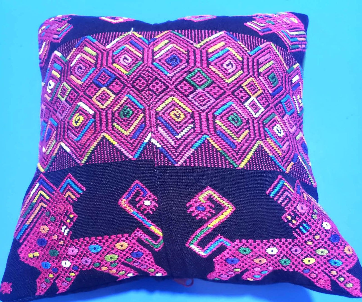 MINI Guatemala Hand Weaved Pillow, LIONS-GEOMETRIC Cushion 10x10, Black Nahuala Textil