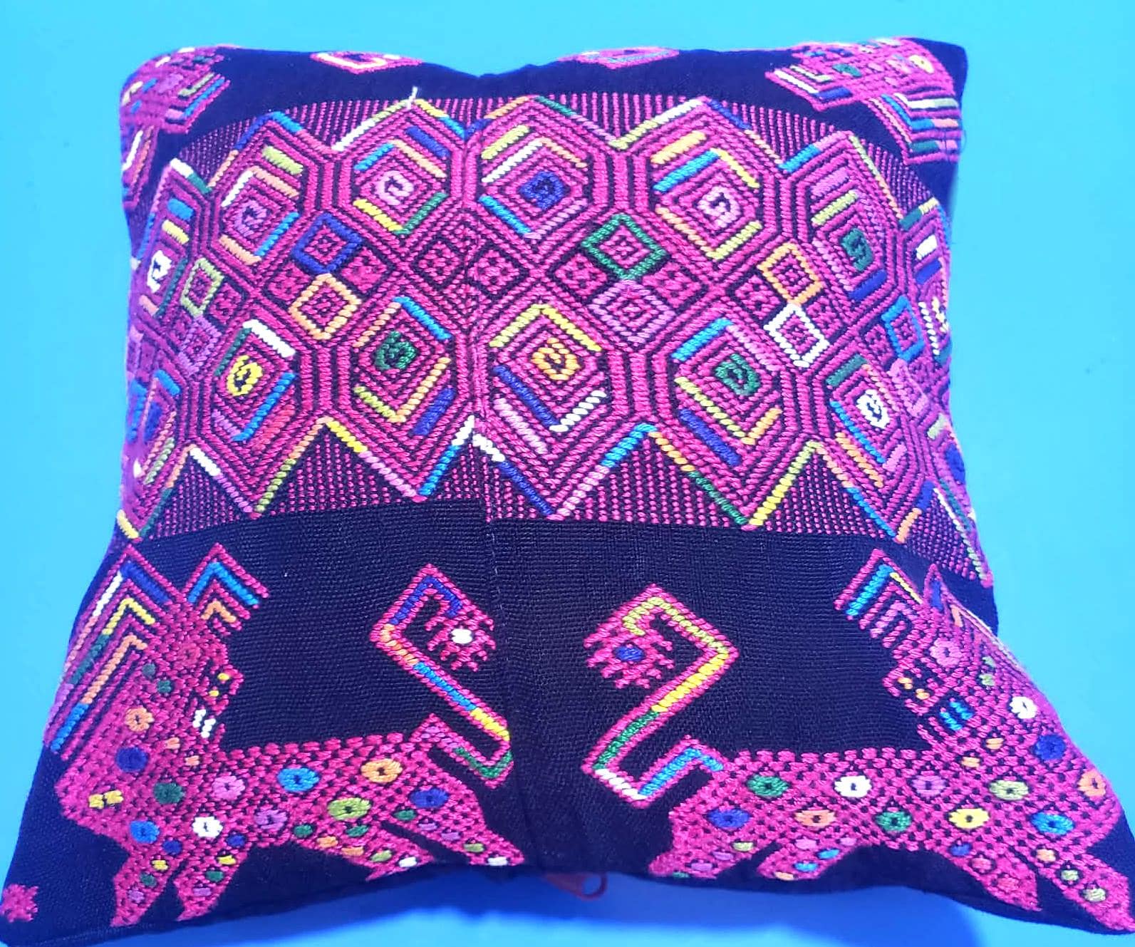 MINI Guatemala Hand Weaved Pillow, LIONS-GEOMETRIC Cushion 10x10, Black Nahuala Textil