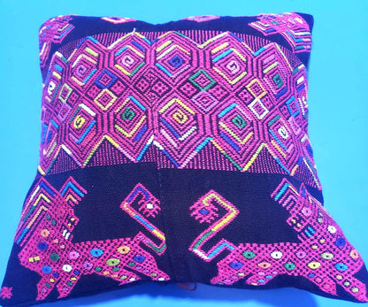 MINI Guatemala Hand Weaved Pillow, LIONS-GEOMETRIC Cushion 10x10, Black Nahuala Textil
