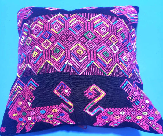 MINI Guatemala Hand Weaved Pillow, LIONS-GEOMETRIC Cushion 10x10, Black Nahuala Textil
