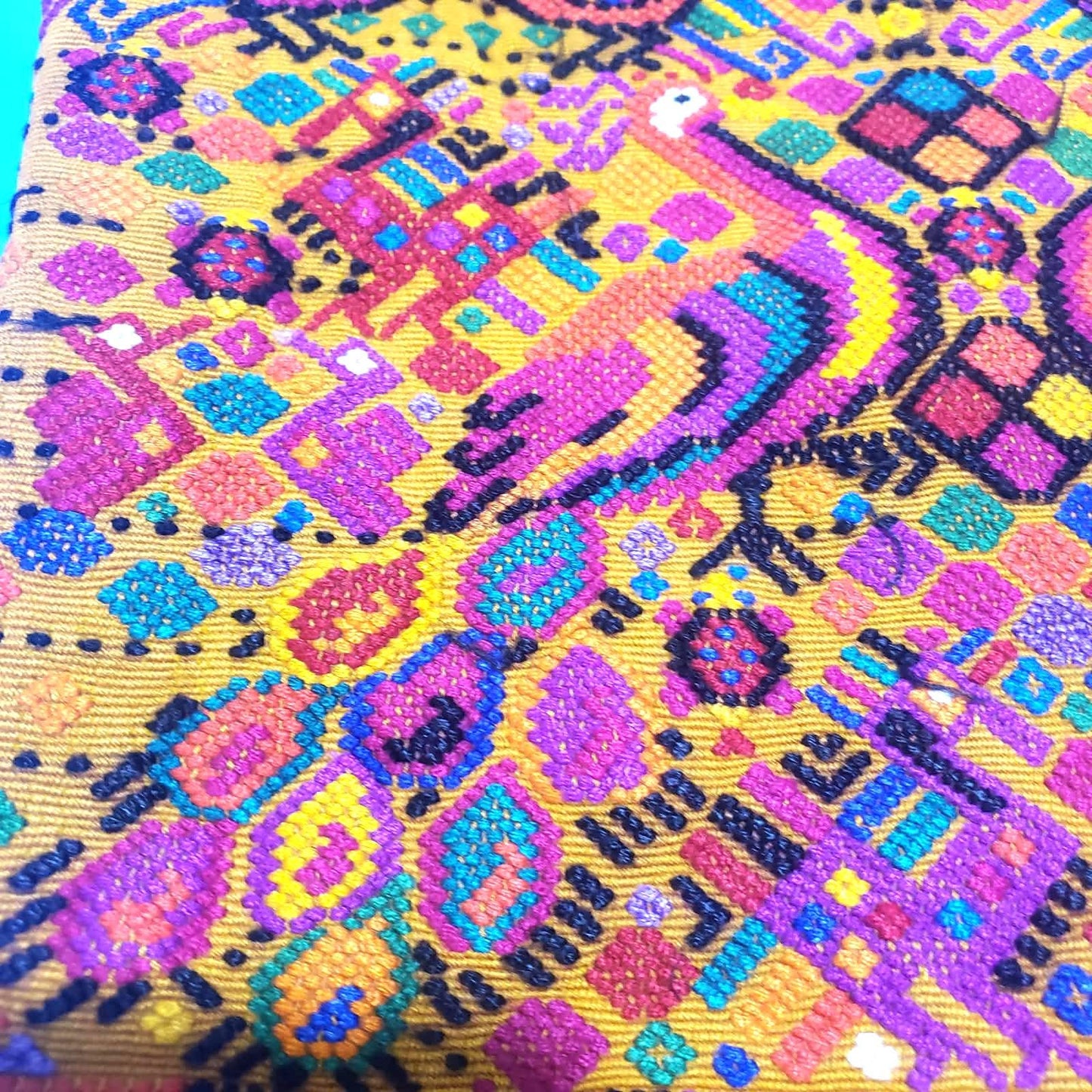 Handwoven Guatemalan Peacock Throw Pillow Cover 12x12, Mustard Yellow Maya Embroidered Cushion, Chichicastenango Boho Textile