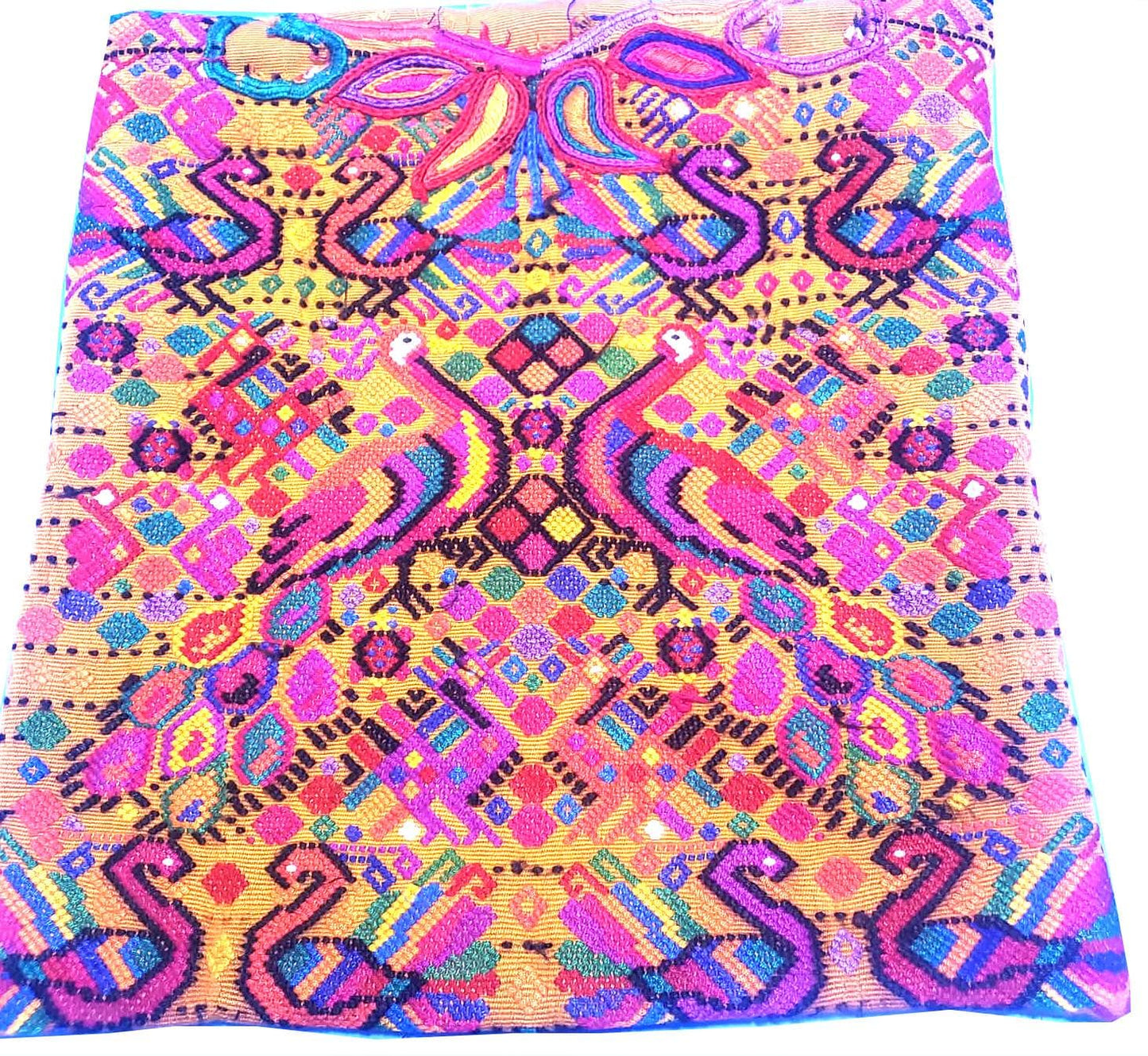 Handwoven Guatemalan Peacock Throw Pillow Cover 12x12, Mustard Yellow Maya Embroidered Cushion, Chichicastenango Boho Textile
