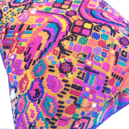 Handwoven Guatemalan Peacock Throw Pillow Cover 12x12, Mustard Yellow Maya Embroidered Cushion, Chichicastenango Boho Textile