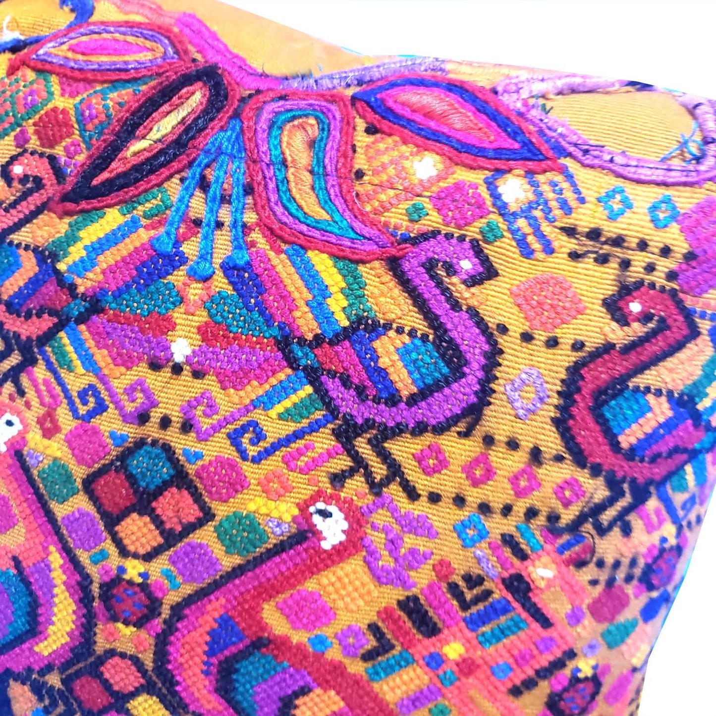 Handwoven Guatemalan Peacock Throw Pillow Cover 12x12, Mustard Yellow Maya Embroidered Cushion, Chichicastenango Boho Textile