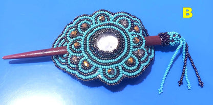 Czech Seed Bead Hair Clip Barrette: Guatemalan Leather & Wood