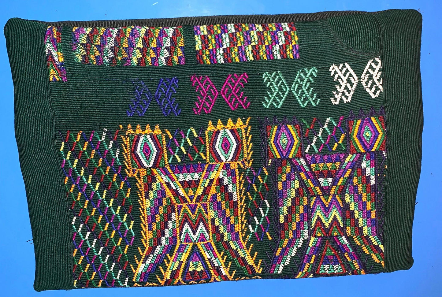 Nebaj Hand Embroidery Pillow, MAYAN Bi-Head EAGLE Weaved Cushion 12x18, Forest GREEN Pillow Case