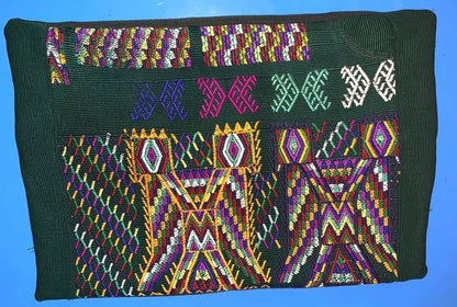 Nebaj Hand Embroidery Pillow, MAYAN Bi-Head EAGLE Weaved Cushion 12x18, Forest GREEN Pillow Case