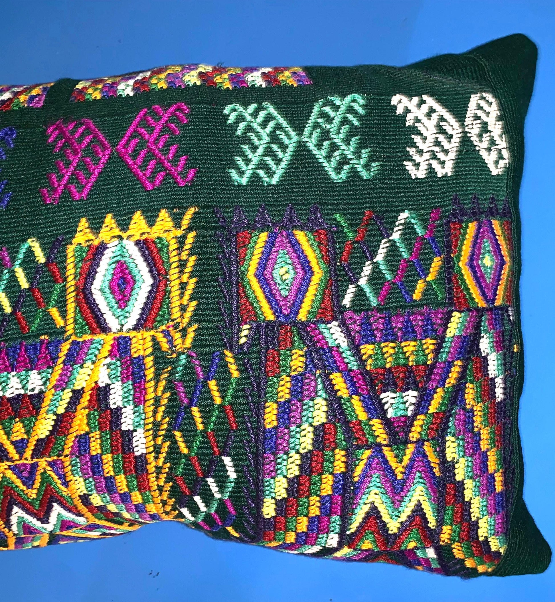 Nebaj Hand Embroidery Pillow, MAYAN Bi-Head EAGLE Weaved Cushion 12x18, Forest GREEN Pillow Case