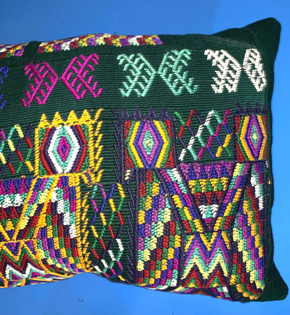 Nebaj Hand Embroidery Pillow, MAYAN Bi-Head EAGLE Weaved Cushion 12x18, Forest GREEN Pillow Case