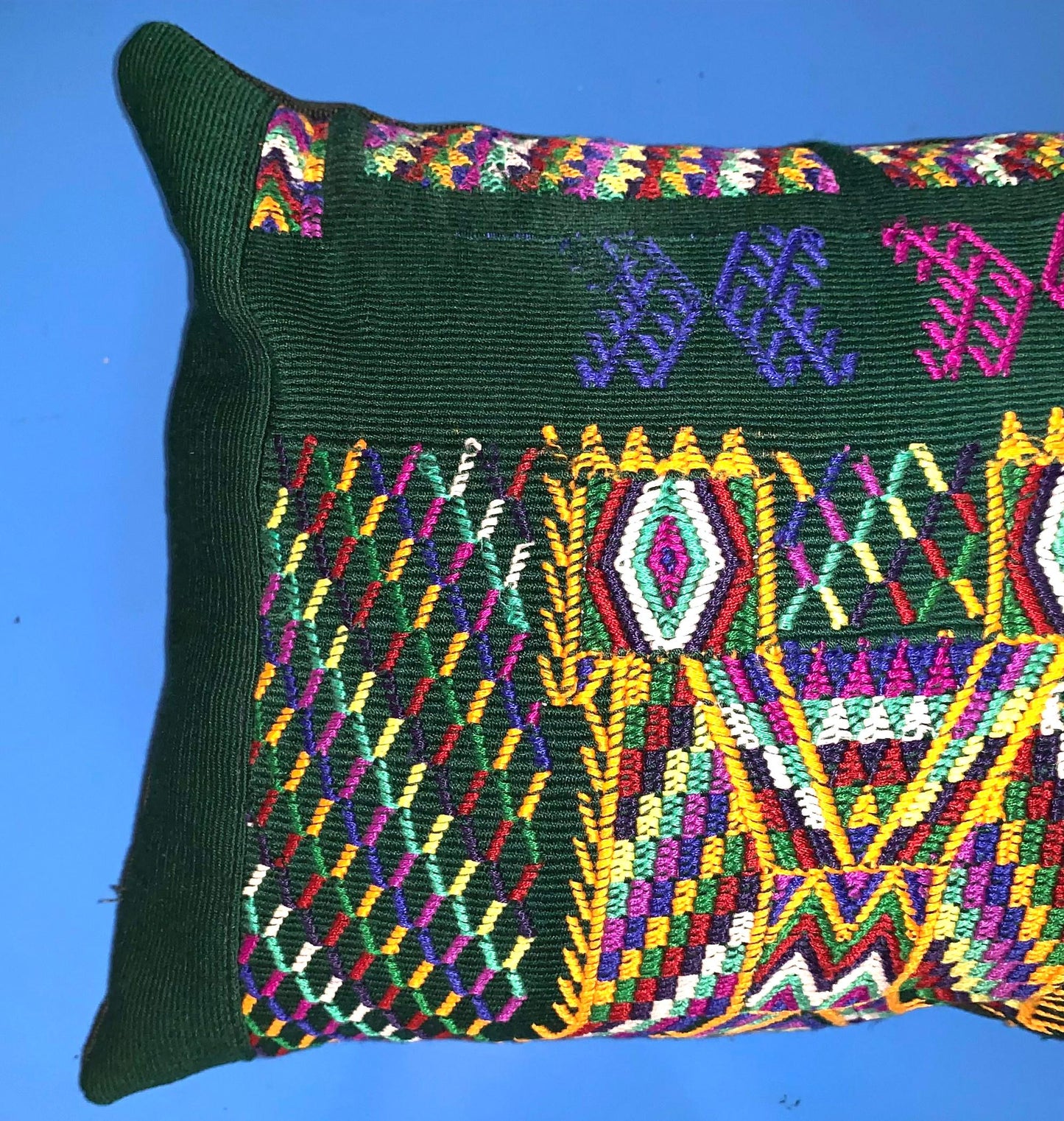 Nebaj Hand Embroidery Pillow, MAYAN Bi-Head EAGLE Weaved Cushion 12x18, Forest GREEN Pillow Case