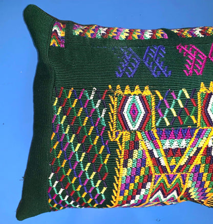 Nebaj Hand Embroidery Pillow, MAYAN Bi-Head EAGLE Weaved Cushion 12x18, Forest GREEN Pillow Case