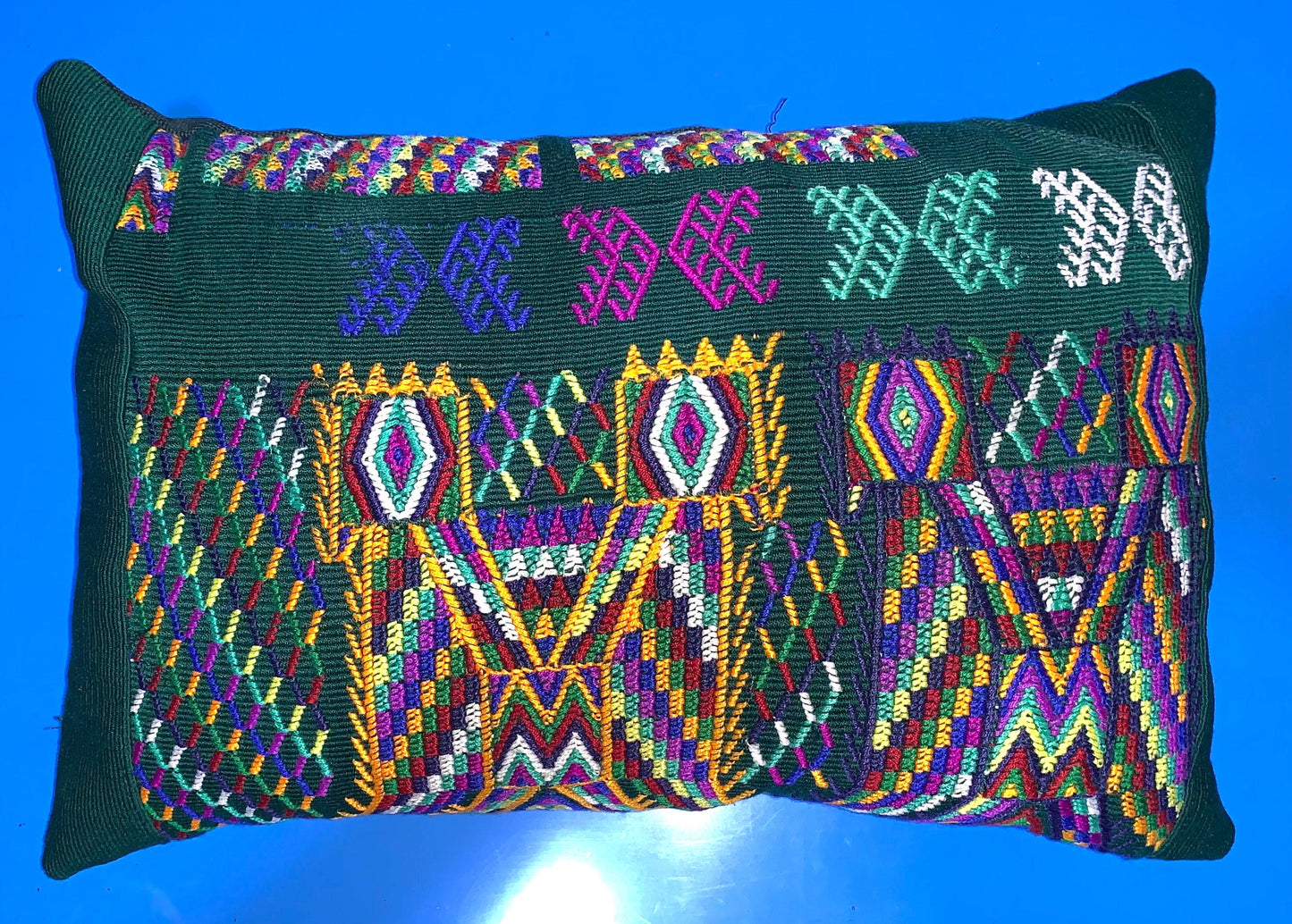Nebaj Hand Embroidery Pillow, MAYAN Bi-Head EAGLE Weaved Cushion 12x18, Forest GREEN Pillow Case