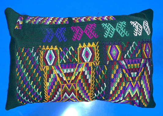 Nebaj Hand Embroidery Pillow, MAYAN Bi-Head EAGLE Weaved Cushion 12x18, Forest GREEN Pillow Case