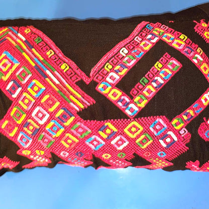 Nahuala Hand Embroidery Pillow, MAYAN LION Weaved Cushion 12x18, BLACK Pillow Case