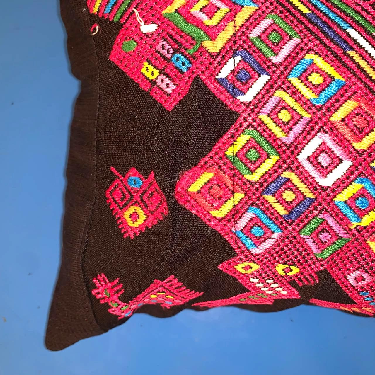 Nahuala Hand Embroidery Pillow, MAYAN LION Weaved Cushion 12x18, BLACK Pillow Case
