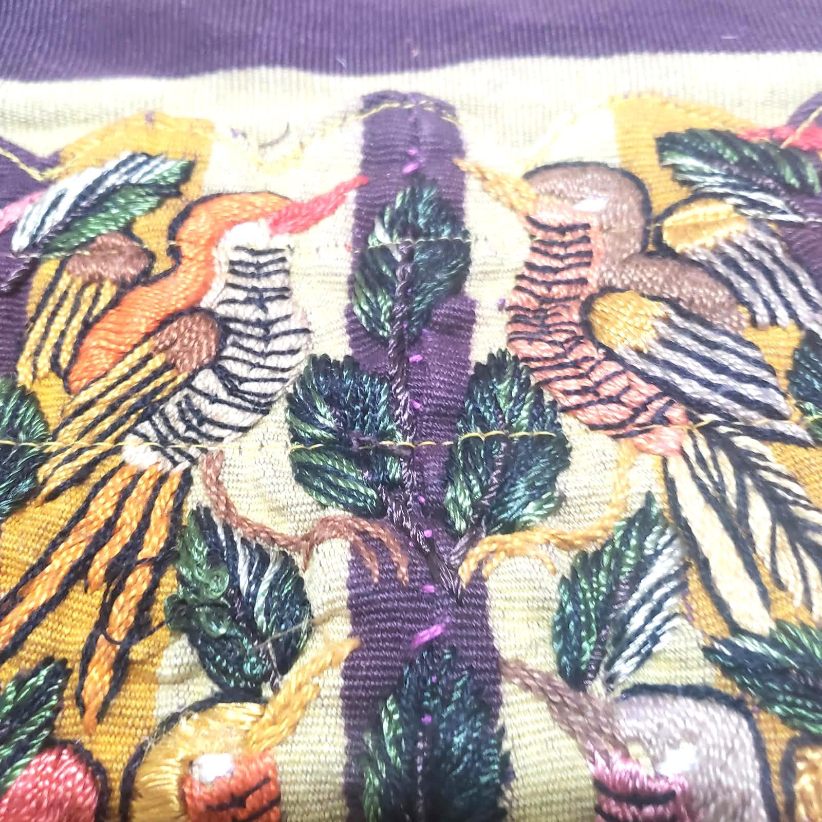 Embroidered Upcycled Pillow 10.5x14, Burgundy Yellow Lumbar Cushion Case, Santiago BIRDS Textile