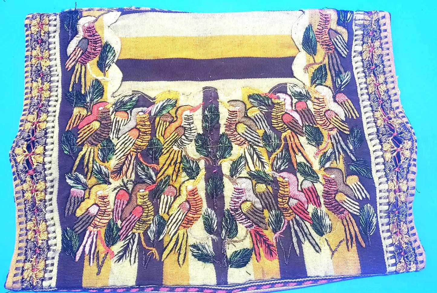 Embroidered Upcycled Pillow 10.5x14, Burgundy Yellow Lumbar Cushion Case, Santiago BIRDS Textile