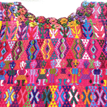 Handwoven Guatemalan Huipil Top - Tactic Coban Traditional Embroidered Cotton Blouse with Deer & Geometric Motif, Large
