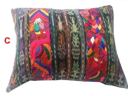 Hand Embroidered Floral Bird Pillow Case 14x18, Guatemalan Ikat Lumbar Cushion Cover, Boho Flower Animal Accent Pillow, Artisan Home Decor