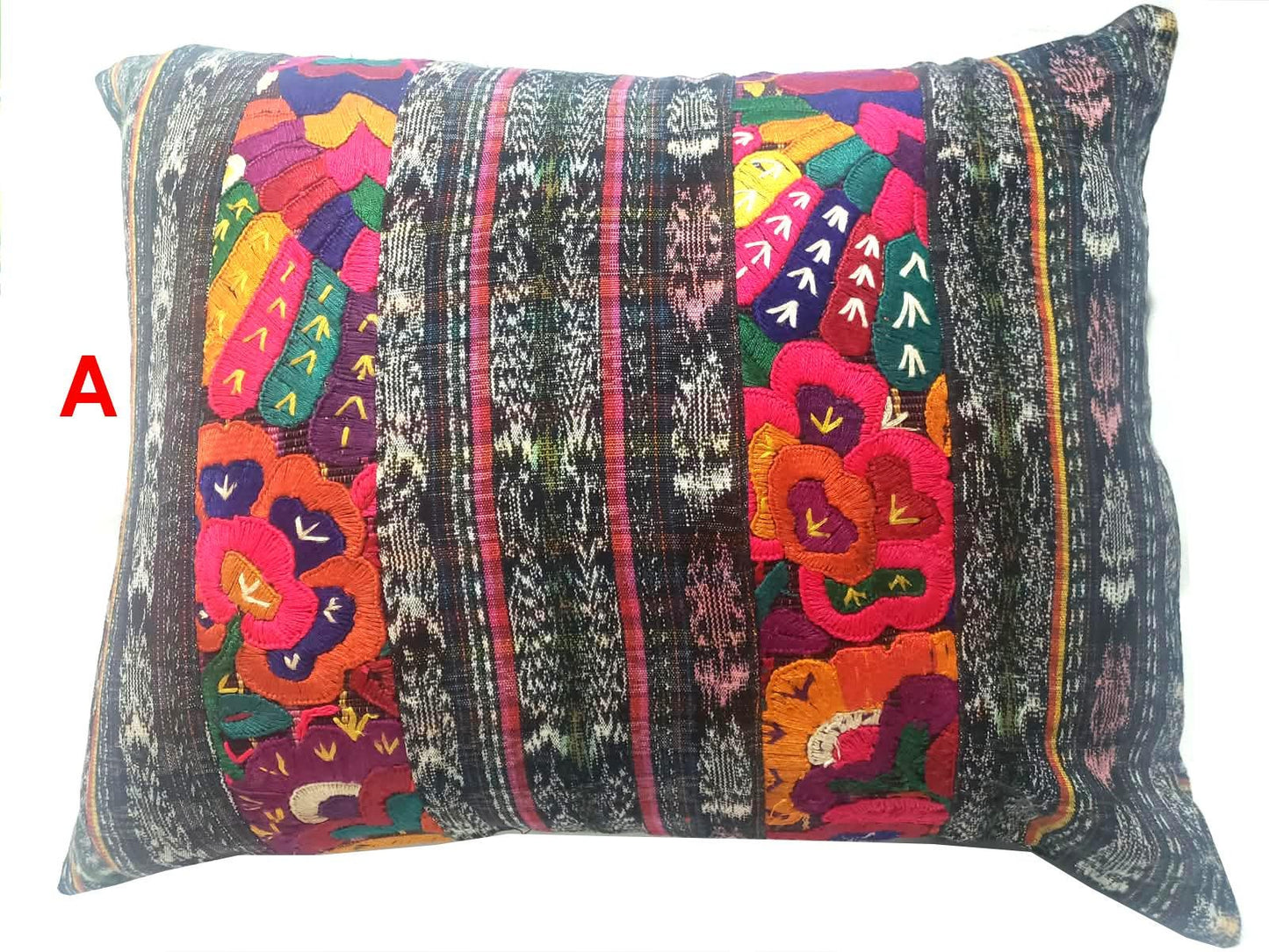 Hand Embroidered Floral Bird Pillow Case 14x18, Guatemalan Ikat Lumbar Cushion Cover, Boho Flower Animal Accent Pillow, Artisan Home Decor