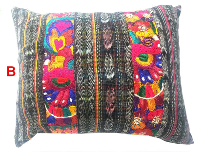 Hand Embroidered Floral Bird Pillow Case 14x18, Guatemalan Ikat Lumbar Cushion Cover, Boho Flower Animal Accent Pillow, Artisan Home Decor