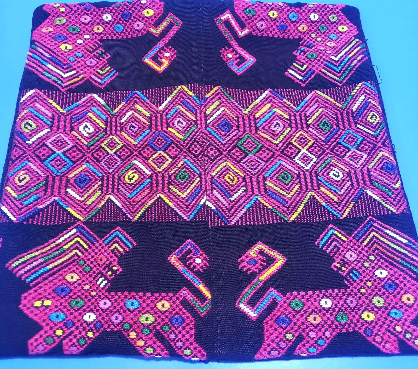 MINI Guatemala Hand Weaved Pillow, LIONS-GEOMETRIC Cushion 10x10, Black Nahuala Textil