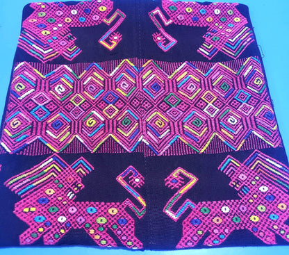 MINI Guatemala Hand Weaved Pillow, LIONS-GEOMETRIC Cushion 10x10, Black Nahuala Textil