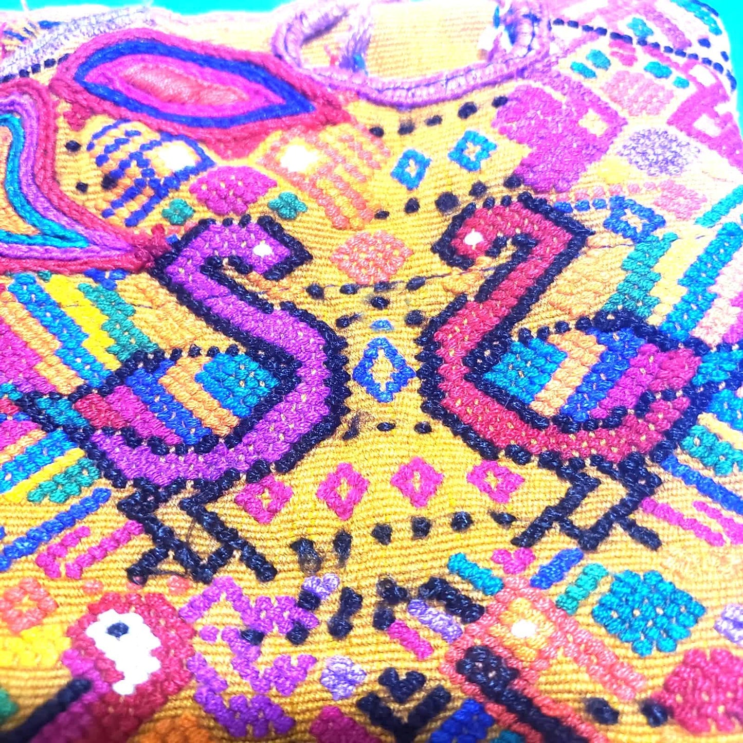 Handwoven Guatemalan Peacock Throw Pillow Cover 12x12, Mustard Yellow Maya Embroidered Cushion, Chichicastenango Boho Textile