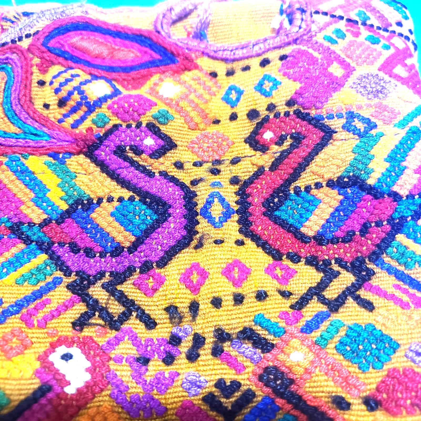 Handwoven Guatemalan Peacock Throw Pillow Cover 12x12, Mustard Yellow Maya Embroidered Cushion, Chichicastenango Boho Textile