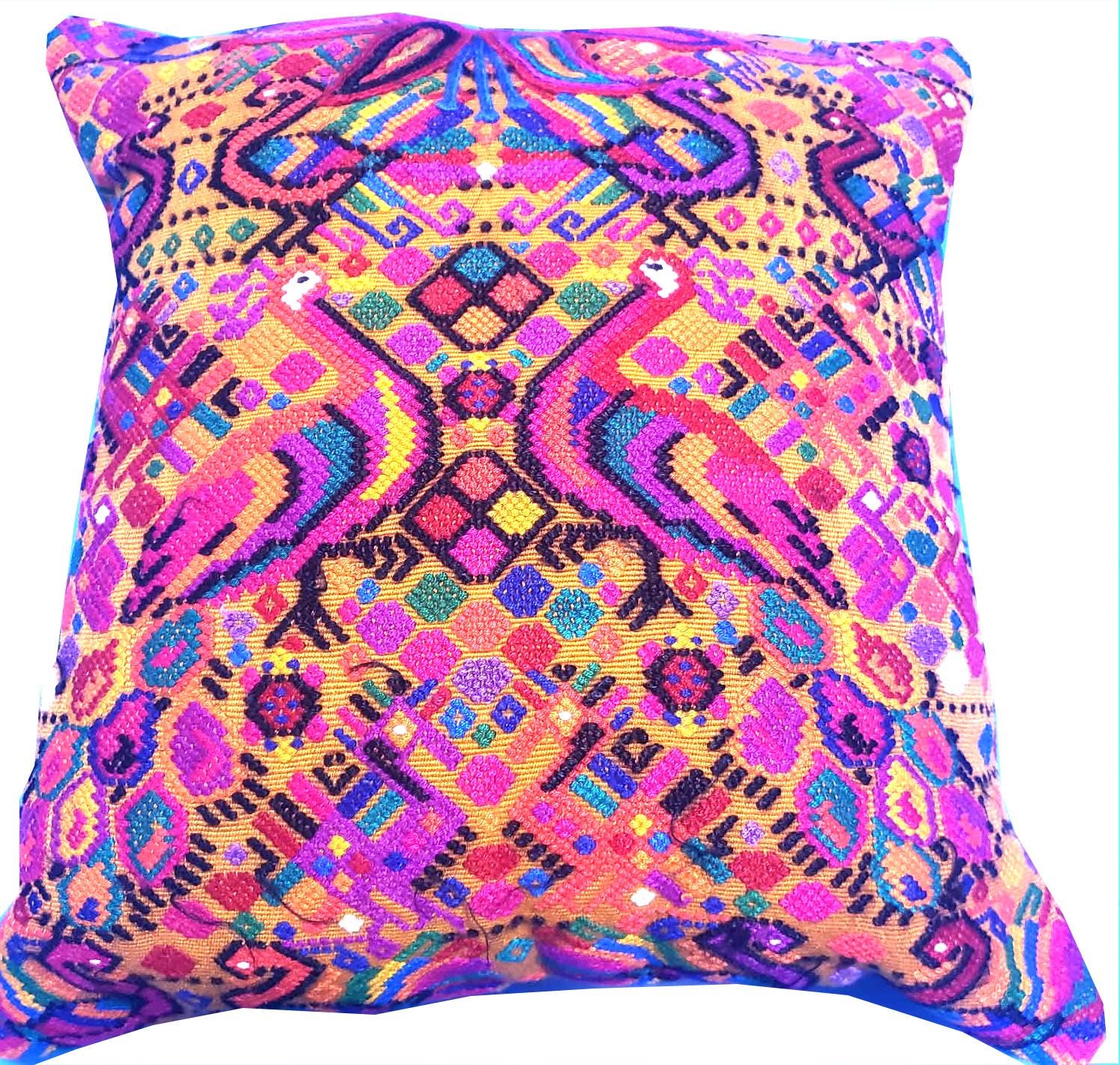 Handwoven Guatemalan Peacock Throw Pillow Cover 12x12, Mustard Yellow Maya Embroidered Cushion, Chichicastenango Boho Textile