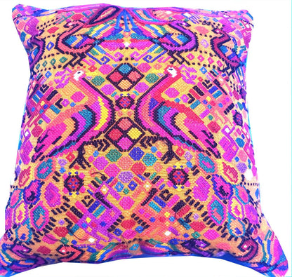 Handwoven Guatemalan Peacock Throw Pillow Cover 12x12, Mustard Yellow Maya Embroidered Cushion, Chichicastenango Boho Textile