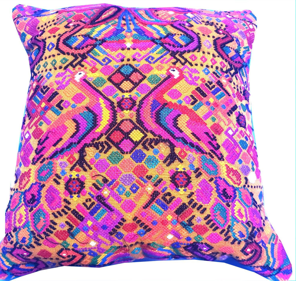 Handwoven Guatemalan Peacock Throw Pillow Cover 12x12, Mustard Yellow Maya Embroidered Cushion, Chichicastenango Boho Textile