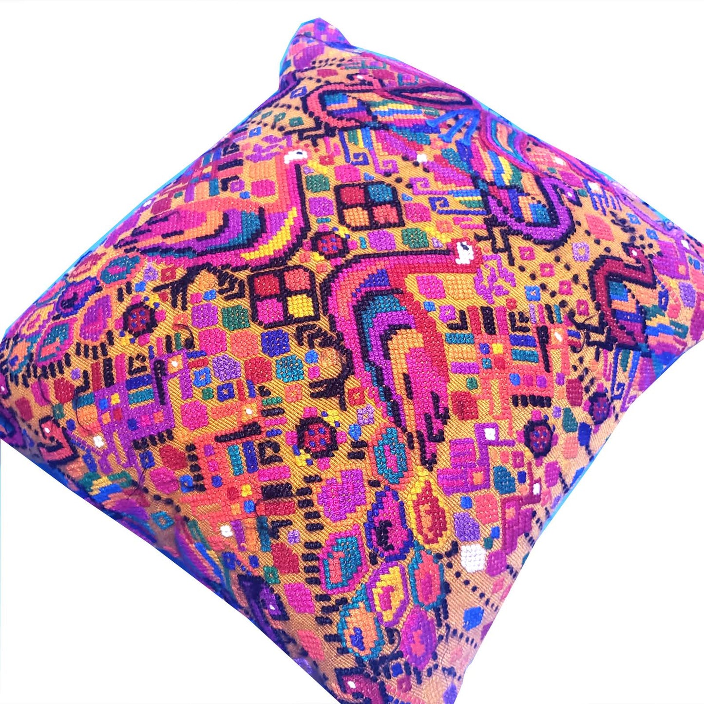 Handwoven Guatemalan Peacock Throw Pillow Cover 12x12, Mustard Yellow Maya Embroidered Cushion, Chichicastenango Boho Textile