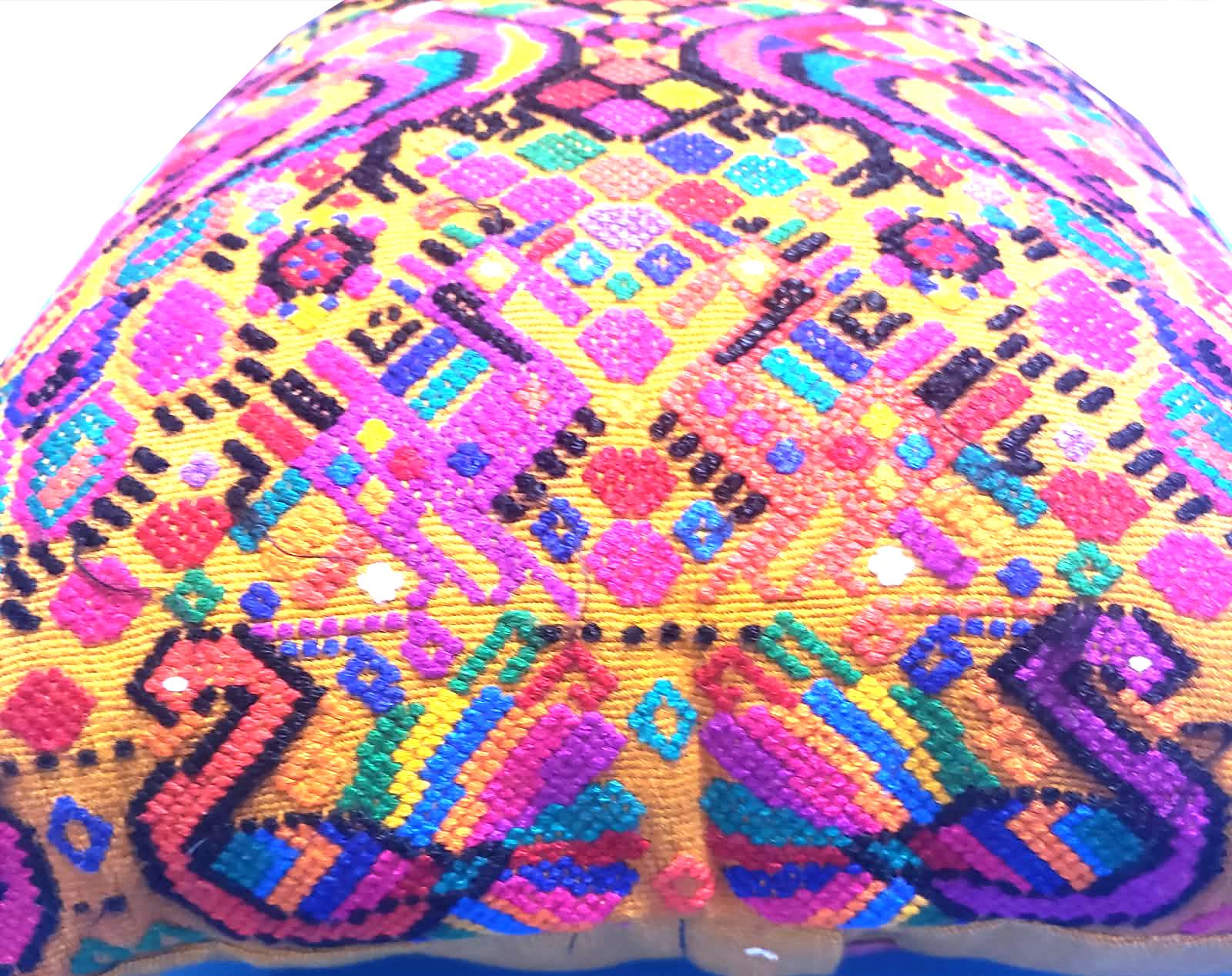 Handwoven Guatemalan Peacock Throw Pillow Cover 12x12, Mustard Yellow Maya Embroidered Cushion, Chichicastenango Boho Textile