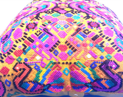 Handwoven Guatemalan Peacock Throw Pillow Cover 12x12, Mustard Yellow Maya Embroidered Cushion, Chichicastenango Boho Textile