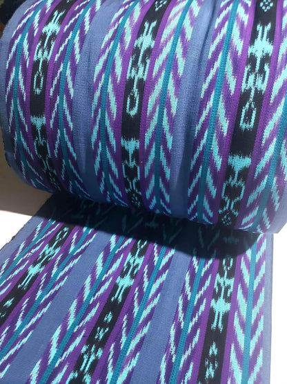 Handwoven Guatemalan Textile by the Yard - Cyan Purple Blue Cotton Fabric for Skirts, Curtains & Crafts -Foot Loom Material