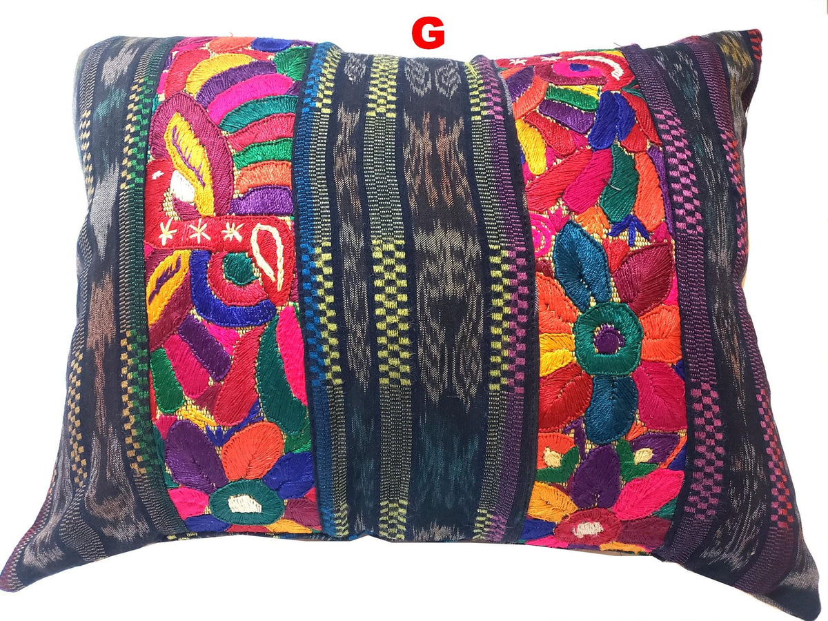 Hand Embroidered Floral Bird Pillow Case 14x18, Guatemalan Ikat Lumbar Cushion Cover, Boho Flower Animal Accent Pillow, Artisan Home Decor