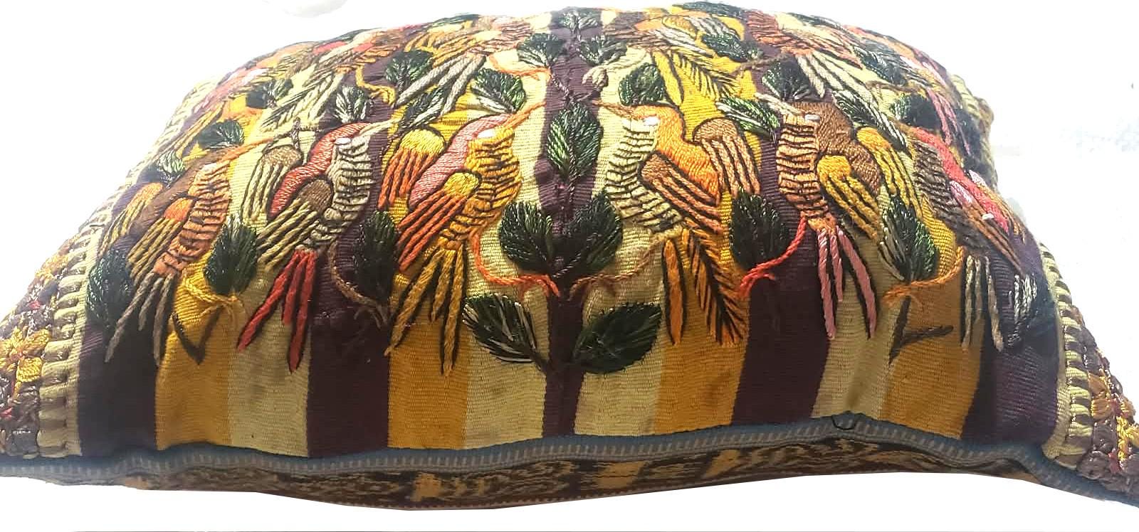 Embroidered Upcycled Pillow 10.5x14, Burgundy Yellow Lumbar Cushion Case, Santiago BIRDS Textile