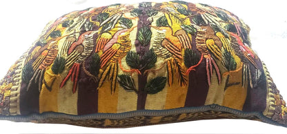 Embroidered Upcycled Pillow 10.5x14, Burgundy Yellow Lumbar Cushion Case, Santiago BIRDS Textile