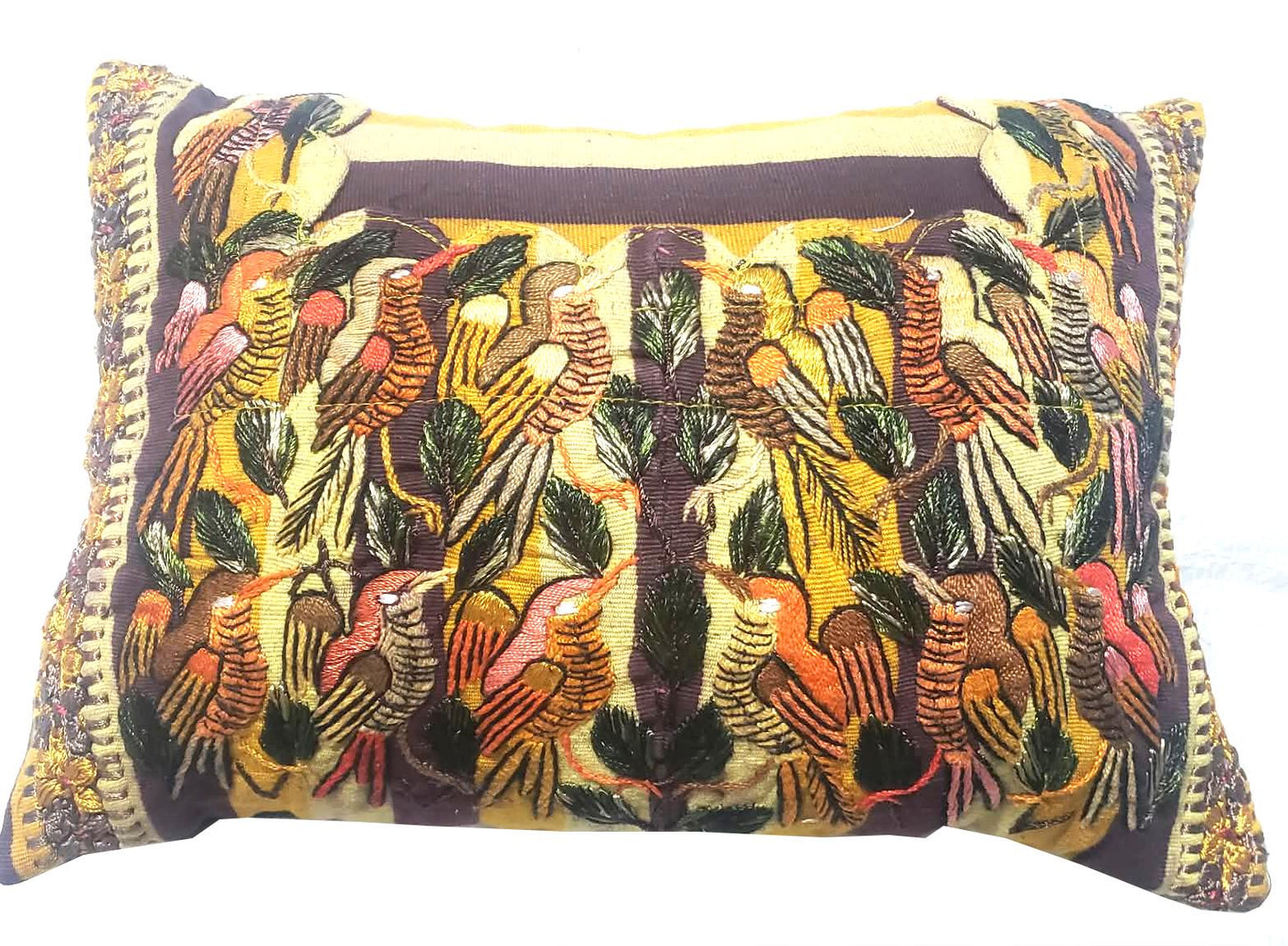 Embroidered Upcycled Pillow 10.5x14, Burgundy Yellow Lumbar Cushion Case, Santiago BIRDS Textile
